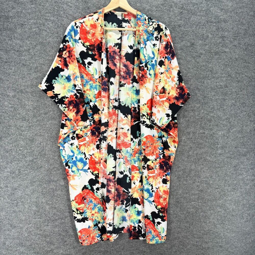 Promesa Top Women S Small Black Floral Open Front Short Sleeve Rayon Casual